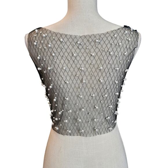Shein Black Mesh Sexy Pearl Cropped Tank Top Sz. Medium - Picture 3 of 4